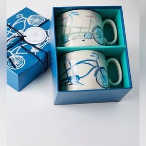 Anthropologie Blue and White Bicycle Mugs